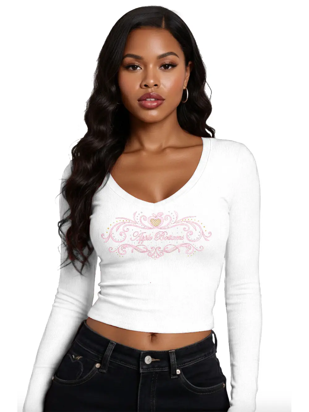 Apple Bottoms V-Neck Long Sleeve Graphic Ribbed White Top,  Womenswear