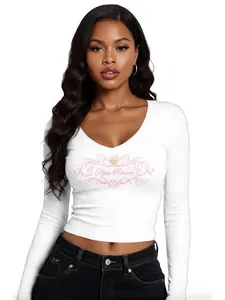 Apple Bottoms V-Neck Long Sleeve Graphic Ribbed White Top,  Womenswear