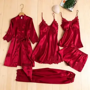 Women's Summer Ice Silk Sexy Homewear Spring and Long Sleeve Thin Plus Size Five-Piece Set Bathrobe Seductive Ice Silk Five-Piece Pajama Suit? Women's Wear Pjs Gift 1Gift