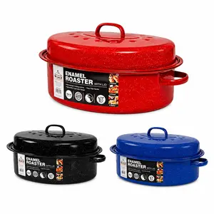 16-Inch Red Speckled Enamel Roasting Pan with Lid and Rack, Oval Turkey Roaster Set with Silicone Trivet Mat, Covered Roaster Pan for Thanksgiving Christmas Holiday Cooking & Baking