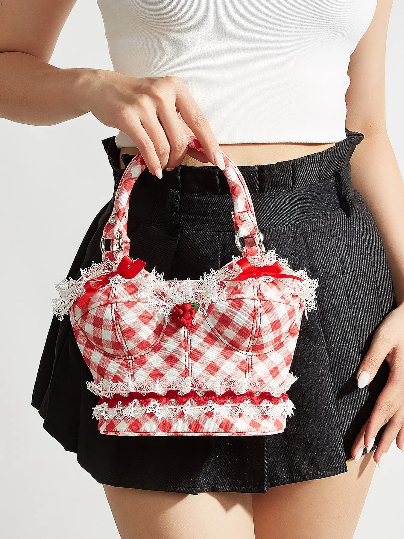 Red White Gingham Corset-Style Mini Handbag with Lace Novelty Shaped Purse Trim & Strawberry Accent, Cute Kawaii Aesthetic Top-Handle Purse for Women, Fashionable Purse, Cute Bags