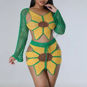 Saledress Outfits 2 Piece Outfits for Women Sunflower Crochet Long Bell Sleeve Crop Top with Cutout Skirt Set