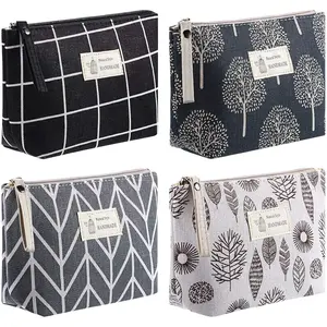 4 Pieces Canvas Cosmetic Bags Set,Printed Makeup Bags with Zipper,Multi-Functional Travel Pouch for Women Girls,Vacation Travel Toiletry Bag,4 Styles (Arrow,Plaid,Tree,Leave),Tools & Hardware