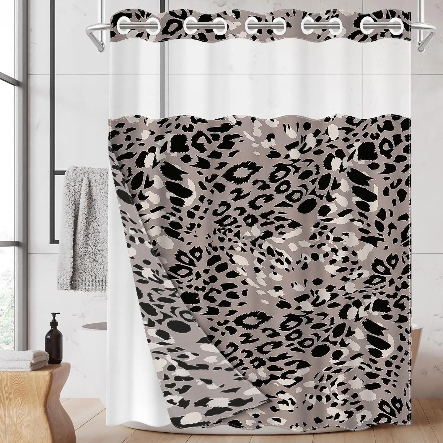 1pc hookless shower curtain, Bathroom Curtain, with buckle lining, gray and black leopard print patchwork design, 2D flat printing, fabric waterproof lining, see-through double-layer, 71 x 74 inches, modern home curtain, Bathroom Decor
