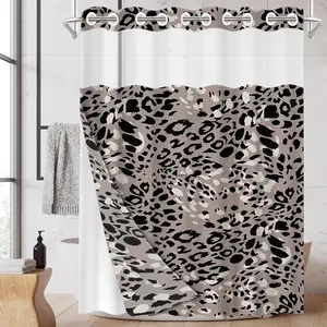 1pc hookless shower curtain, Bathroom Curtain, with buckle lining, gray and black leopard print patchwork design, 2D flat printing, fabric waterproof lining, see-through double-layer, 71 x 74 inches, modern home curtain