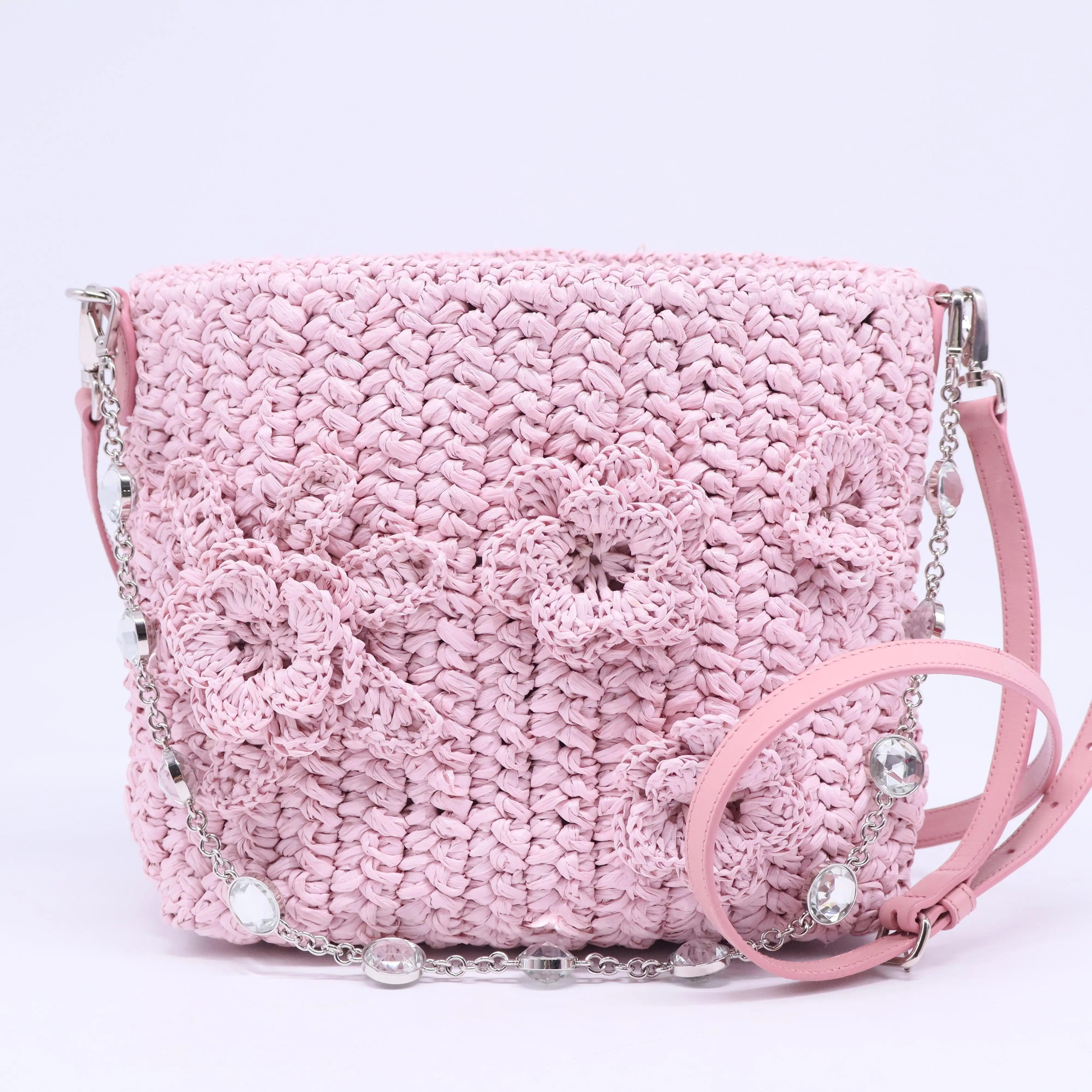 Pre-owned miu miu Canvas Shoulder Bags Flower Basket Bag Chain Shoulder Bag Pink