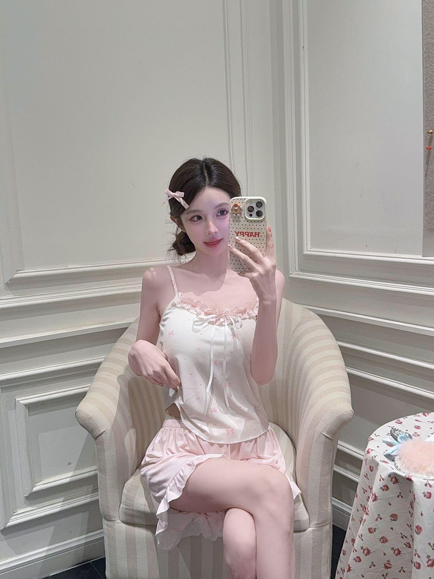 Women's summer pajamas with chest pads, camisole and shorts, pure and sexy Korean style, sweet, casual, loose-fitting home wear set