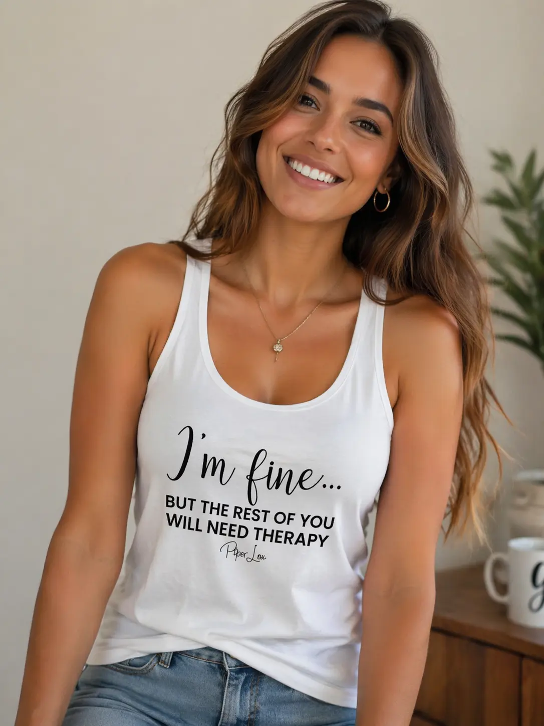 Women's Racerback "I'm Fine But The Rest Of You" Graphic Tank Top - Casual, Rayon-Polyester Fabric, Runs Small, Made in the USA