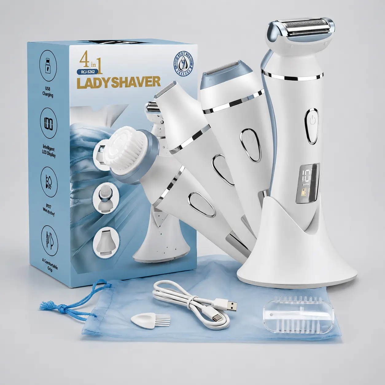Women's 4-in-1 Compact Electric Shaver - Smooth Shave Facial/Body Grooming Kit with Facial Cleansing Brush, Precision Trimmer, Multiple Heads, LED Display, IPX7 Rated Waterproof, Rechargeable, Type-C Cable, Charging Stand, Steel Blade