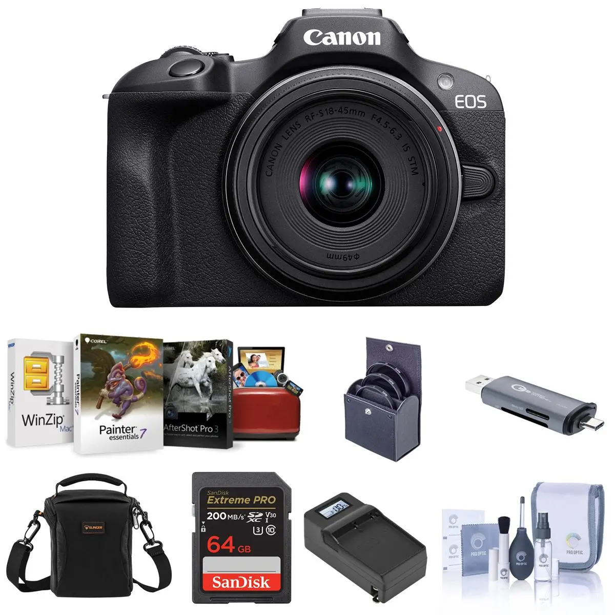 Canon EOS R100 Mirrorless Camera and RF-S 18-45mm f/4.5-6.3 IS STM Lens, Bundle with Memory Card, Smart Charger Base & Software Kit