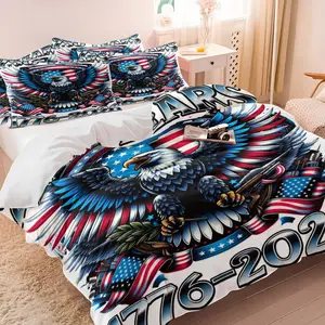 American 250th Anniversary Duvet Cover Set with 1-2 Pillowcases No Core, Stars & Stripes, Patriotic Symbols, Weapons Background and Eagle with Claws Gripping Olive Branches & Firearms, Soft Skin-Friendly, Home Decor, Gift & Collectible Item, Bed Sets