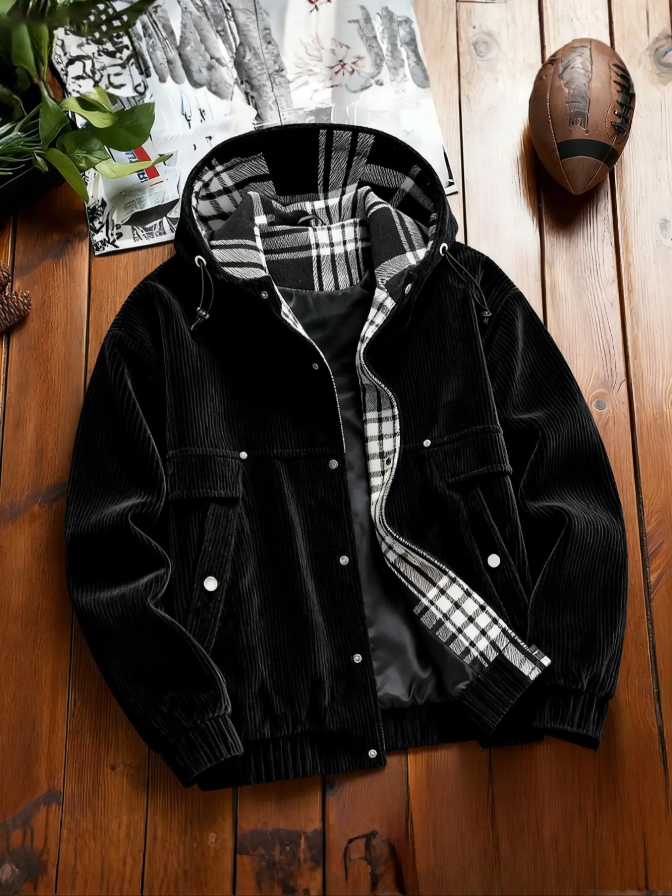 Men's Fall Corduroy Hooded Long Sleeve Jacket, American Retro Vintage Style Fitted Utility Workwear Coat, Street Fashion Casual Checked Plaid Lining Outerwear