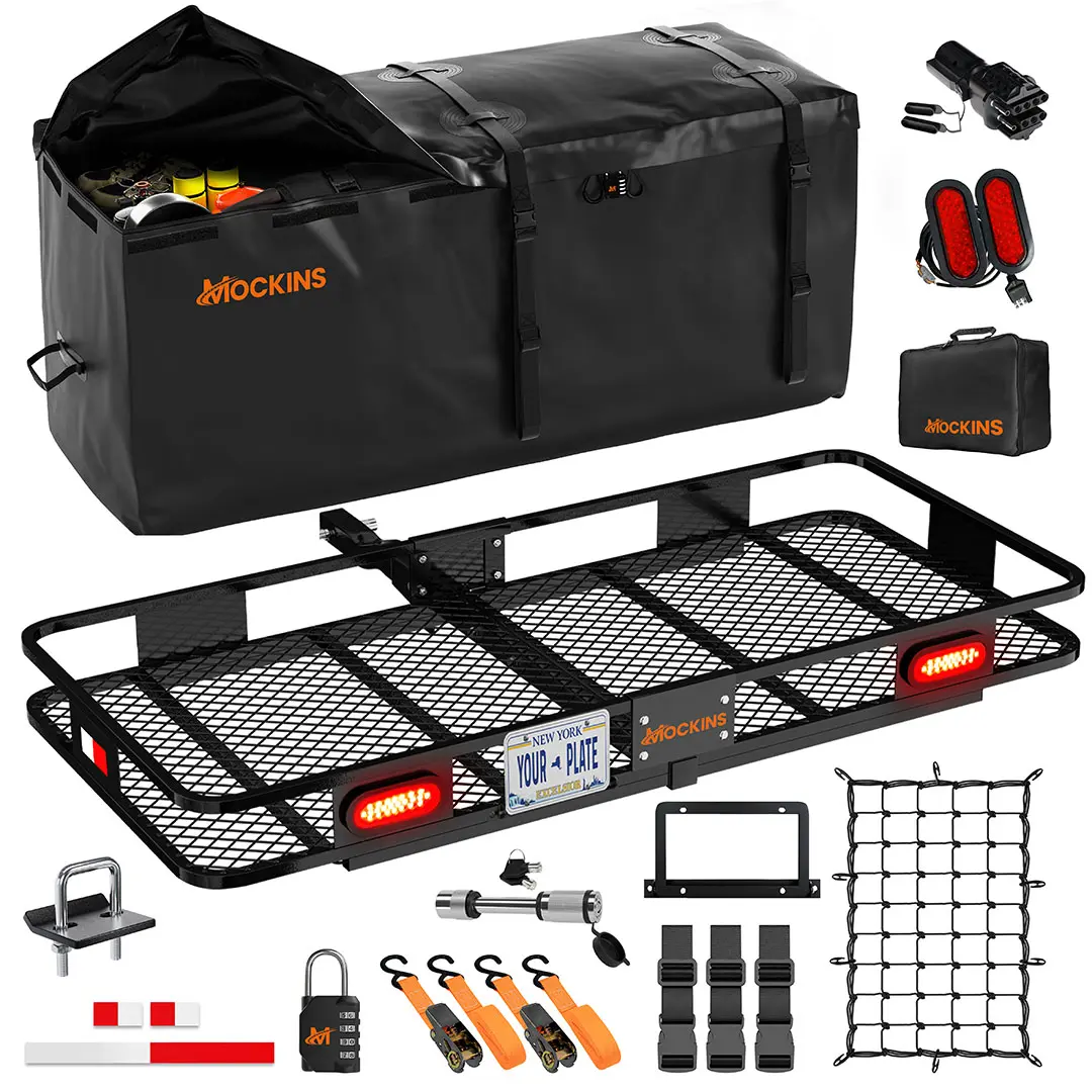 Mockins 60"x20"x6" Hitch Rack Carrier, Car & Vehicle Accessories for Adventure with 20 Cu.Ft. Waterproof Bag, Rear Lights, License Plate Holder & Peace of Mind Hitch Parts