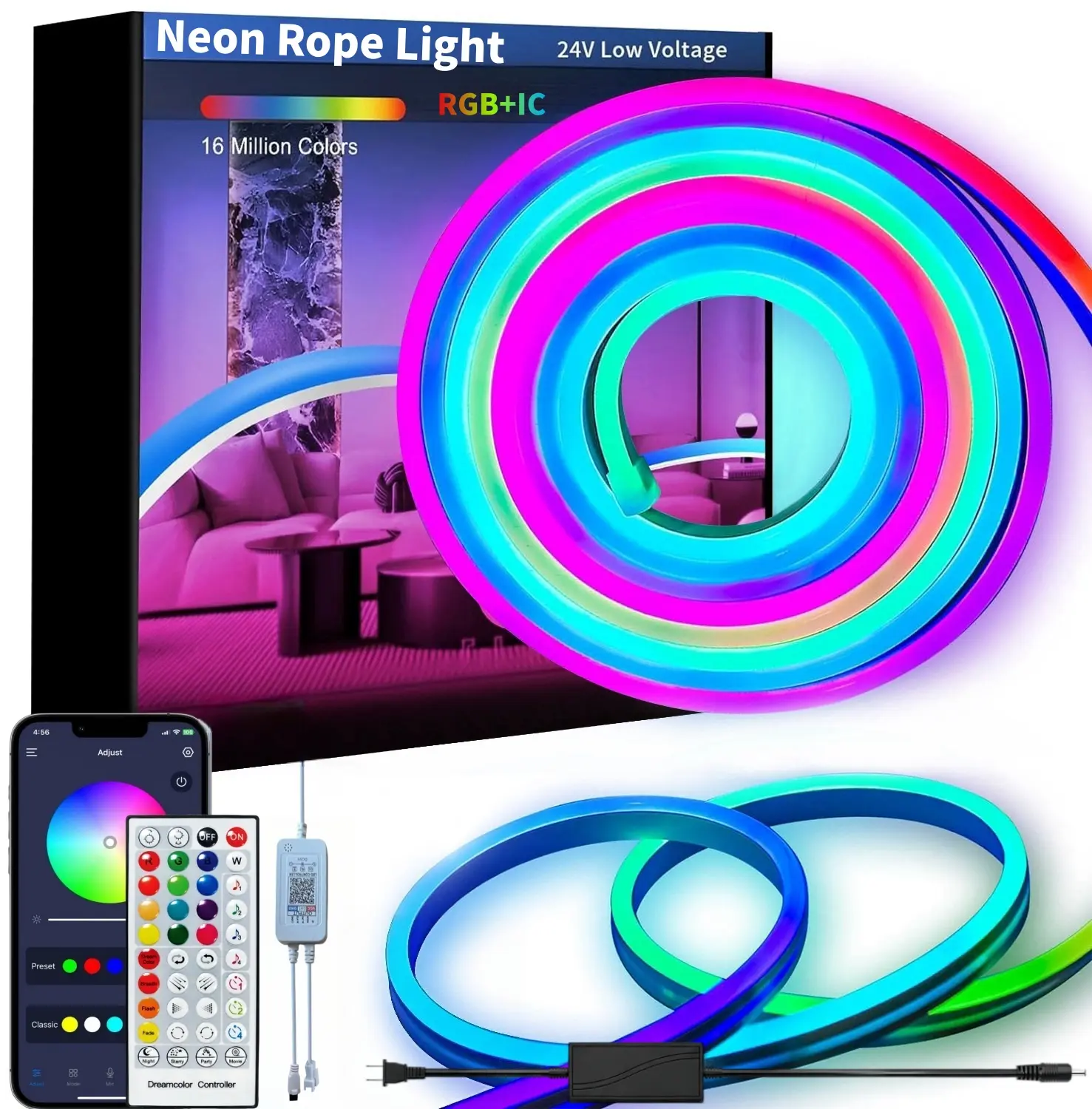 Boluoova RGB+IC LED Neon Rope Lights, IP67 Waterproof Outdoor Safe LED Strip, App & 40-Key Remote Controlled, Flexible Cuttable, for Gamers, Modern Home Decor (16.4FT/32.8FT)