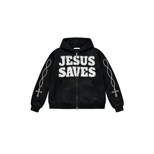 "ASH BLACK" Jesus Saves Zip Up Hoodie