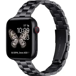 Classic Stainless Steel Slim Metal Band for Apple Watch - Black, Adjustable Strap for Men, Women, Accessories, Wearable