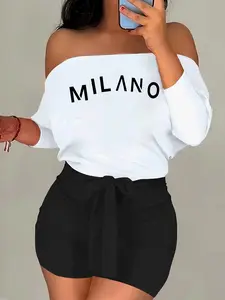 I8016m39 New European Style Colorblock One-Shoulder Tie Print Two-Piece Set, Short, Casual Geometric Pattern, Fitted Regular Length Long Sleeve Tops