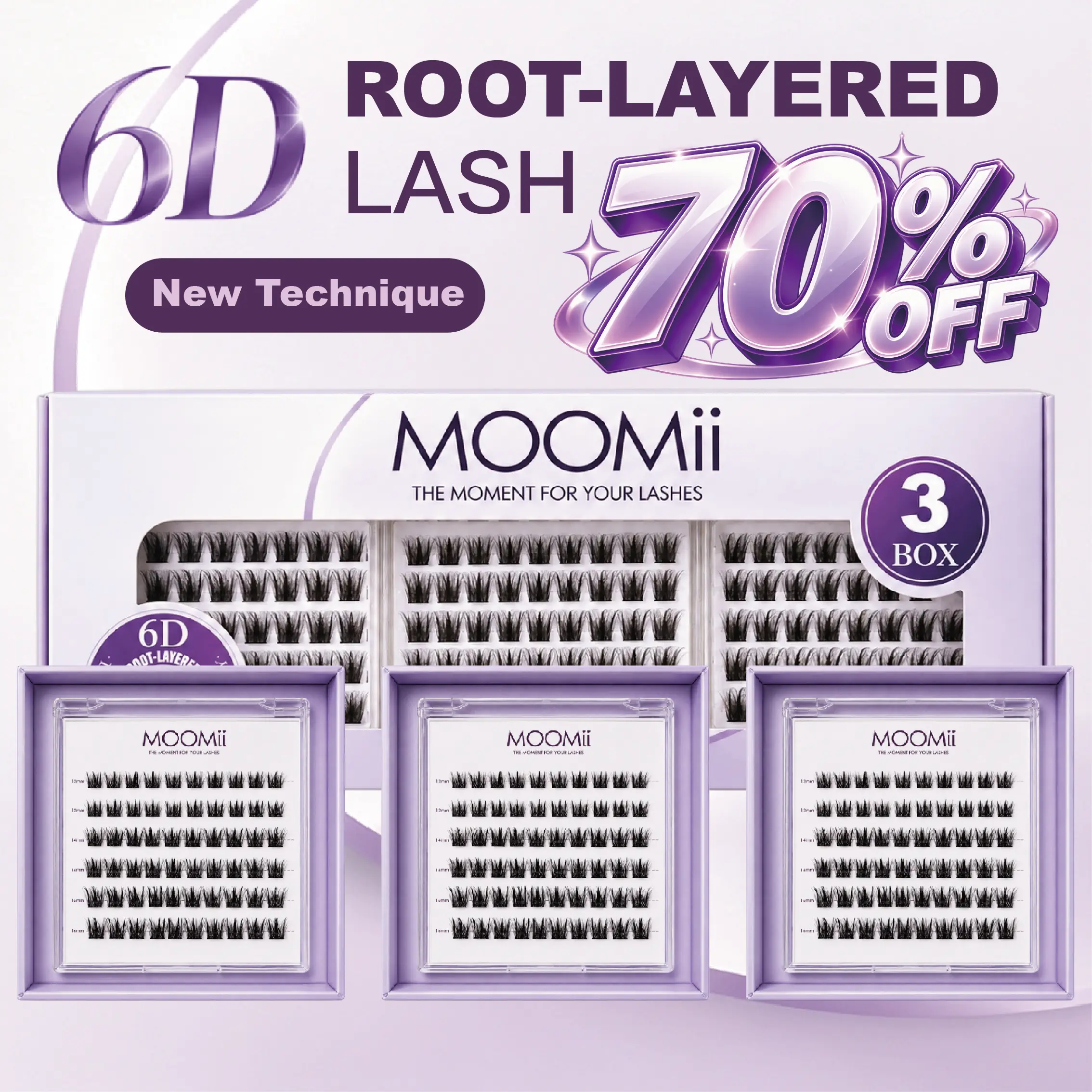 MOOMii 6D Lashes, 6D Root-Layered Eyelash Extensions, Natural Fluffy Wispy Lashes, C+D Curl, 0.03mm Ultra-Thin Seamless Band, Lightweight Waterproof False Eyelashes, Multi-Dimensional Lash Clusters, DIY Lash Extension at Home for Natural Look, 3-Box Set