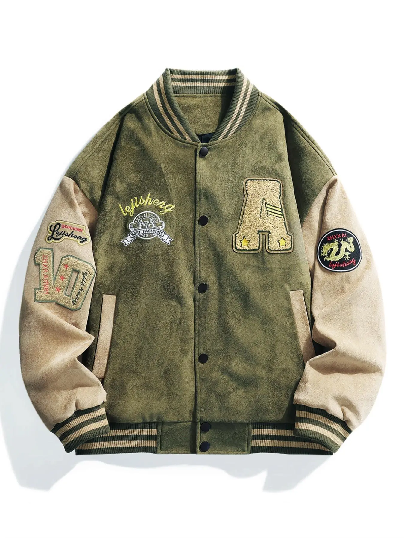 Men's Letter & Number Embroidery Patched Drop Shoulder Varsity Jacket, Casual Colorblock Long Sleeve Button Front Outerwear for Spring & Fall, Casual Style Outerwear