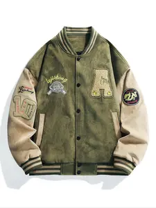 Men's Letter & Number Embroidery Patched Drop Shoulder Varsity Jacket, Regular Fit Casual Colorblock Long Sleeve Button Front Outerwear for Spring & Fall, Casual Comfy Jacket, Fashion Men's Clothes for Daily Wear, Casual Fitted Jacket