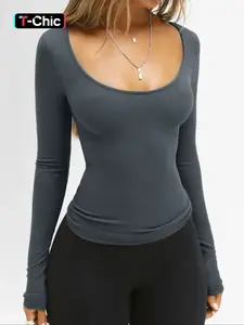 Women's Casual Basic Slim-Fit Long Sleeve Top, Knit, Plain Pattern, Fall Season Wear, Thin Fabric, Square Neckline Design