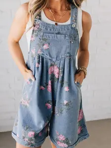 Women's Floral Print Denim Shortalls Casual Vintage Overall Shorts Adjustable Strap Romper Jumpsuit with Pockets