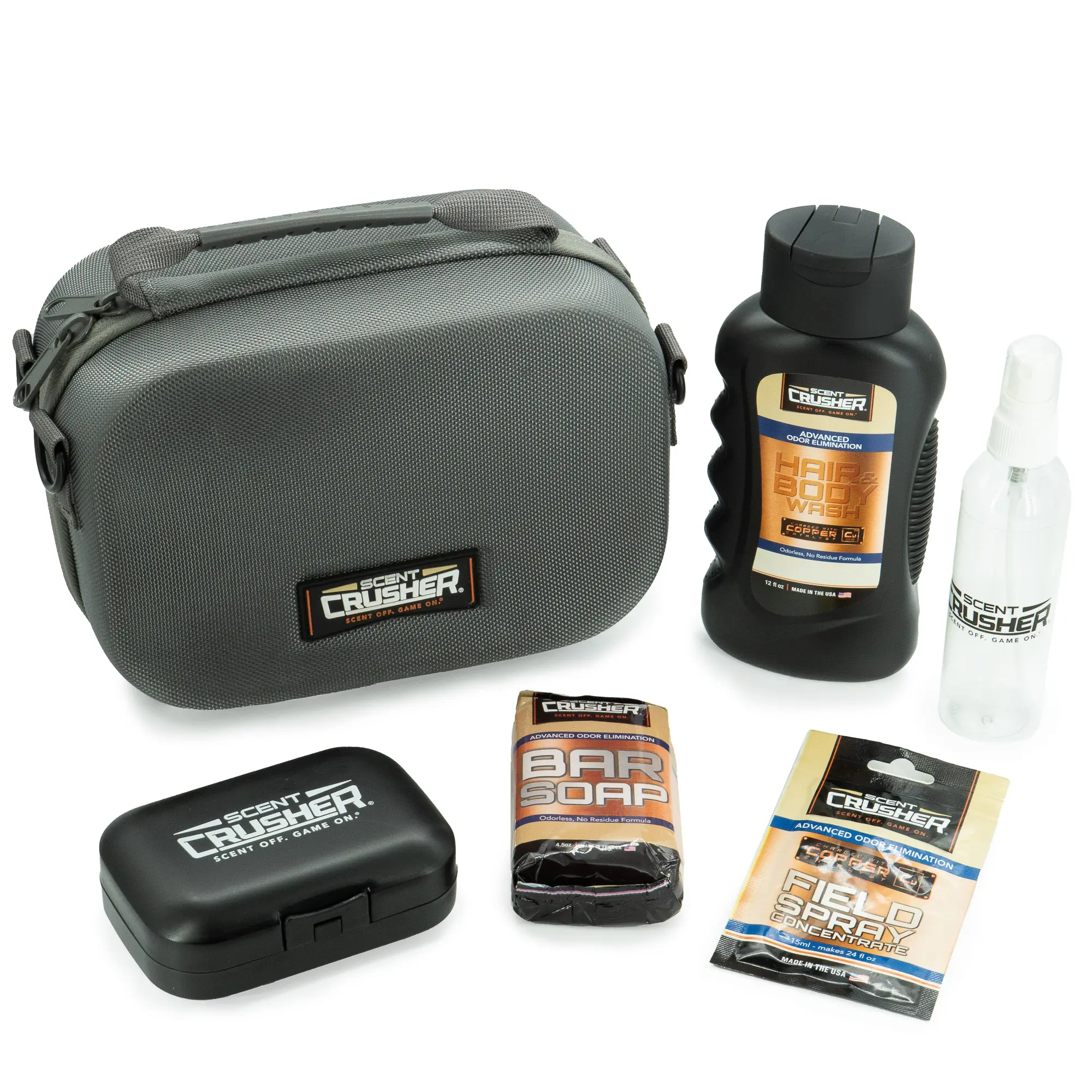 Scent Crusher Travel Kit, Includes: Body Wash, Soap, Field Spray, Bottle, & Case