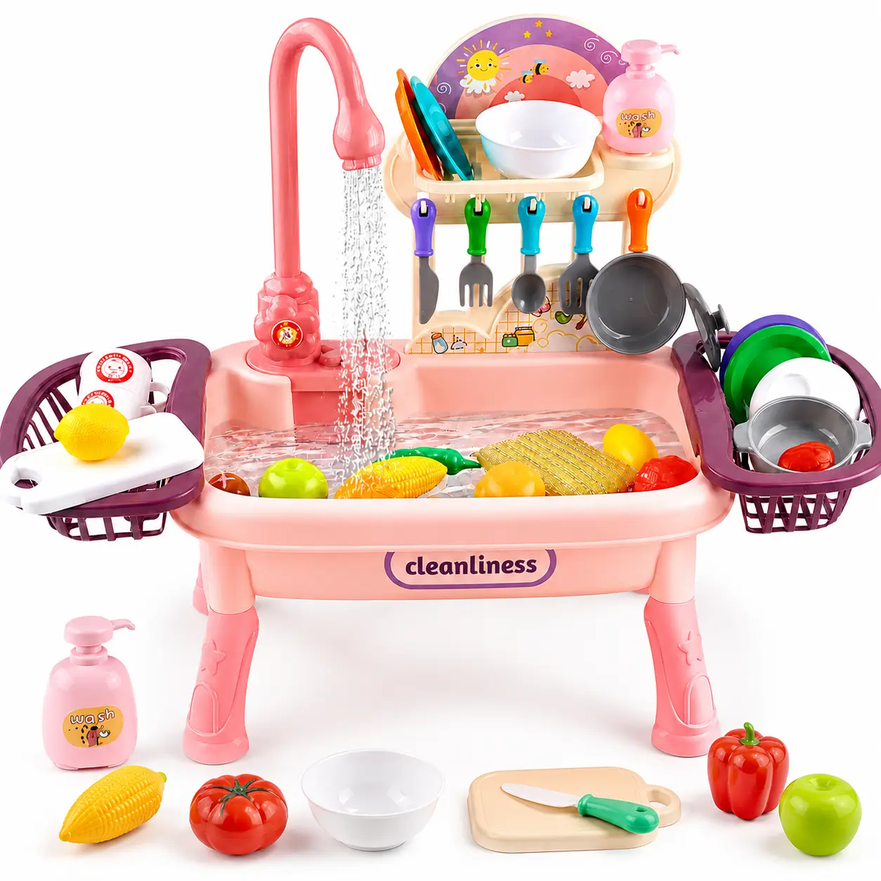 Kids Play Sink Toy for Toddlers, Pretend Kitchen Sink Set with Running Water Faucet, Play Dishes, Utensils, Play Food & Dish Drying Rack, Dishwashing Role Play Toy for Boys Girls