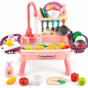 Kids Play Sink Toy for Toddlers, Pretend Kitchen Sink Set with Running Water Faucet, Play Dishes, Utensils, Play Food & Dish Drying Rack, Dishwashing Role Play Toy for Boys Girls