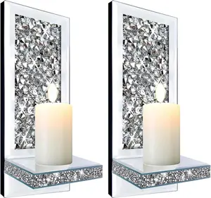 Set of 2 Crystal Crush Diamond Mirrored Wall Candle Sconces for Home Décor