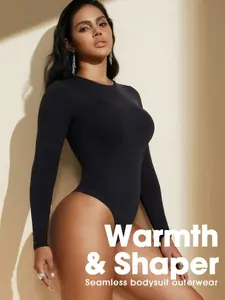 Women's Solid Knit Round Neck Long Sleeve Shapewear Bodysuit, Casual Comfy Tummy Control Butt Lifting Shaper, Ladies Shapewear for All Seasons