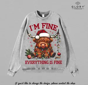 I’m Fine Everything Is Fine Christmas Sweater | Funny Highland Cow Xmas Sweatshirt | Holiday Lights Graphic | Cozy Winter Pullover | Perfect Funny Christmas Gift