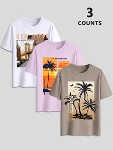 Men's Summer Round Neck Casual Short Sleeve 3-Pack, American Classic Vintage Style, Vacation Wear, Daily Leisure Clothing