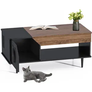 45" Farmhouse Wood Square Coffee Table, Cat Bed Cave with Hidden Compartment & Litter Box Enclosure