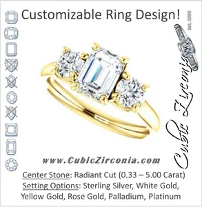 Cubic Zirconia Engagement Ring- The Yolonda (Customizable 3-stone Cathedral-set Design with Radiant Cut Center and Round Cut Accents)
