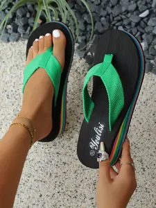 Women's Fashion Rainbow Sandals, Summer Thick Sole High Heel Flip Flops, Beachside Comfortable Slippers, Stylish Outdoor Wear