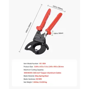VEVOR Ratcheting Cable Cutter, Spring Steel Blades with PVC-Coated Handles, Quick-Release Button, Heavy Duty Ratchet Cable Wire Cutter for Cutting Copper Aluminum Cables Up to 600 MCM/ 300 mm
