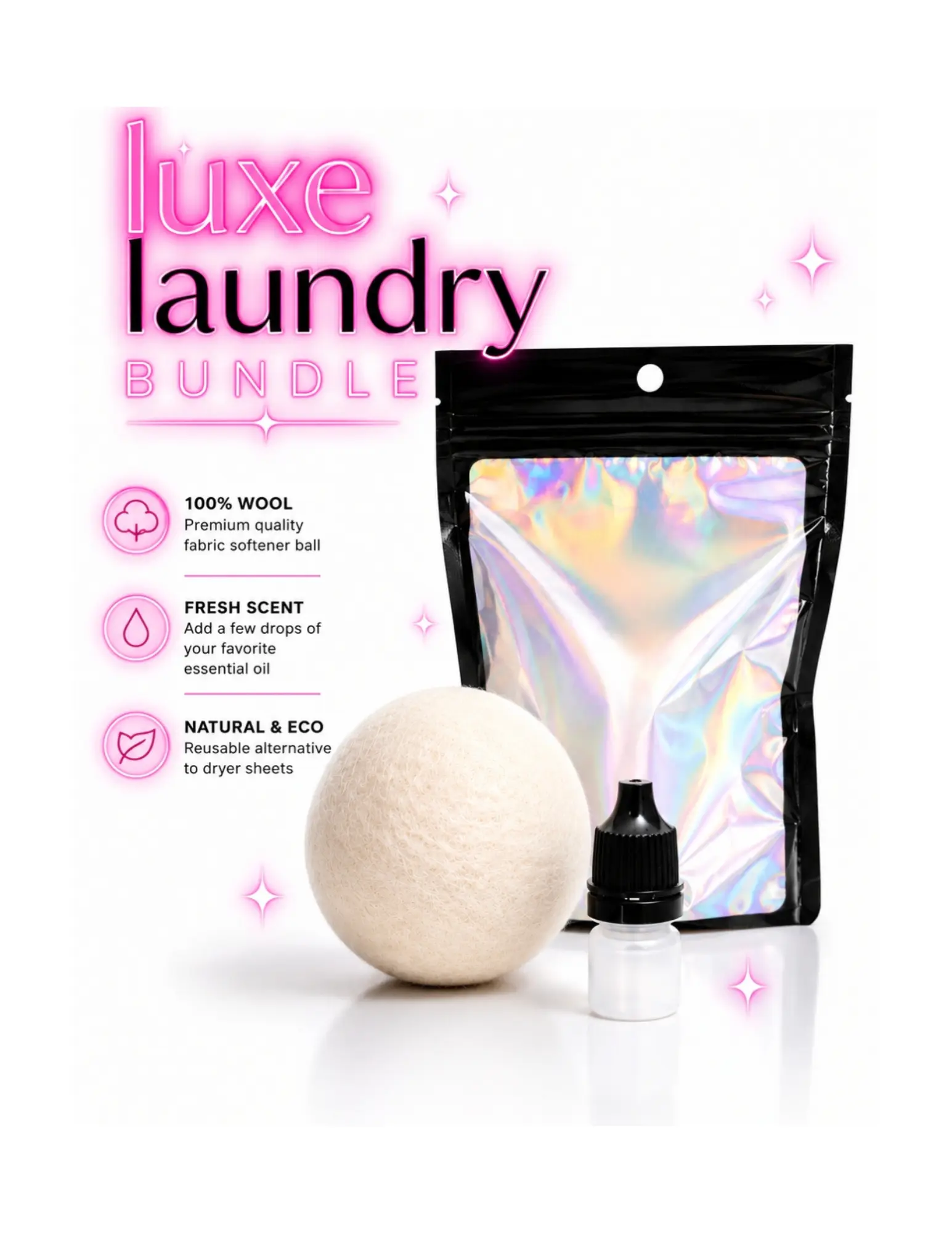 Luxe Laundry Bundle Wool Dryer Ball & Diffuser Oil