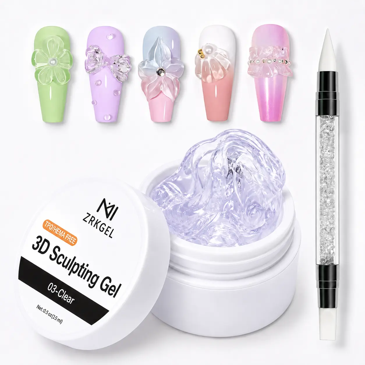 ZRKGEL Smooth Durable 3D Sculpting Nail Gel - Non-Sticky Solid Carving & Modeling Gel for Embossed Flowers, Chrome Designs, UV LED DIY Salon Manicure, Nail Extensions & Polish