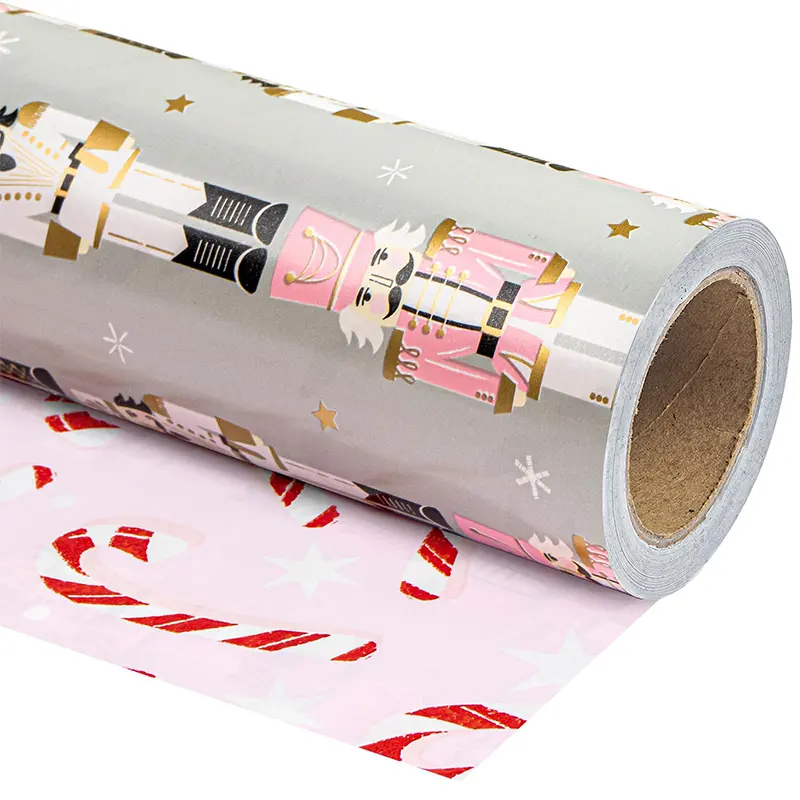 WRAPAHOLIC Christmas Wrapping Paper Roll, Reversible Holiday Gift Wrap with Cute Christmas Designs, Nutcracker, Santa, Gingerbread & Gnome Patterns, 17 in x 33 ft Premium Paper for Family Gifts, Kids Presents & Holiday Parties