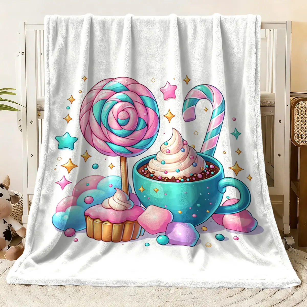 Cute Candyland Printed Blanket - Vibrant Lollipop, Hot Chocolate Cup, Cupcake & Marshmallow Design, Soft Plush Throw for Cozy Home Decor, Ideal for Kids & Adults to Snuggle