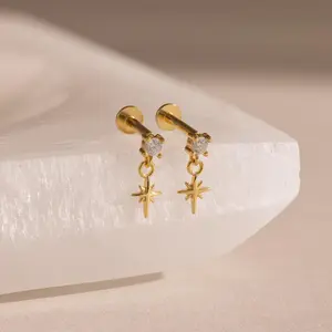 Diamond Star Flatback Studs by Caitlyn Minimalist - Dangling North Star Earrings - Dainty Diamond Stud Earrings - Celestial Jewelry - Gift for Her