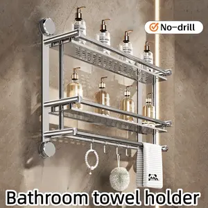 1-2 Layer Bathroom Storage Rack, No Drilling Easy Install, Strong Adhesive, Holds Shampoo, Shower Gel, Towels, Hooks for Watches and Bracelets, Bathroom Towel Holder, Suitable for storage and organization in bathrooms, laundry rooms, and kitchens