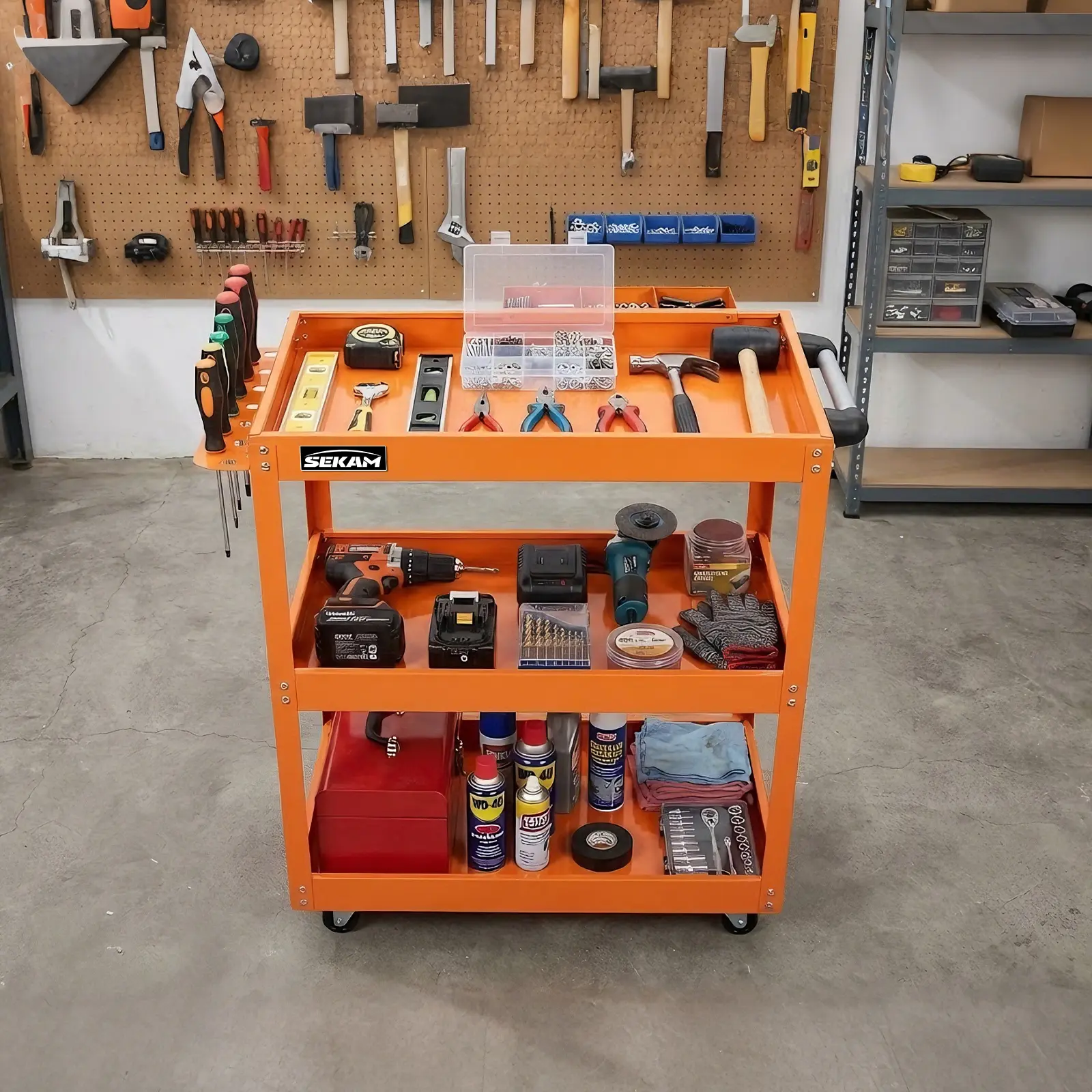 SEKAM 3-Tier Heavy Duty Steel Utility Cart with Rolling Base, 440 LBS Tool Storage Organizer Rack, Mobile Service Trolley with Removable Trays & Side Parts Tray for Garage, Home (Orange & Green)