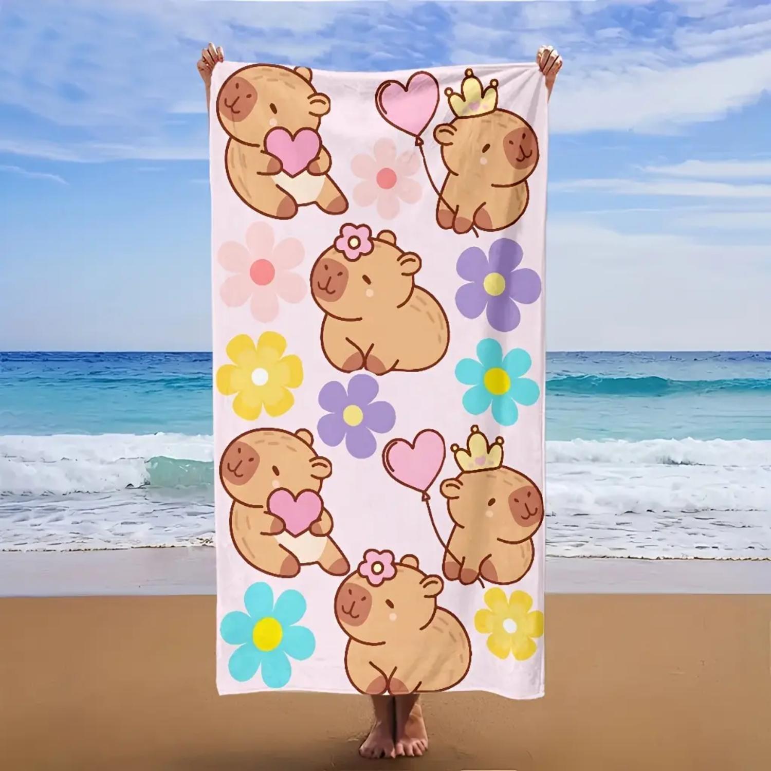 1pc Beach Towel with Cute Capybara and Floral Print, Large Lightweight Towel, Soft Thin Durable Design, Multi-Purpose for Outdoor Beach Camping Travel, Park Hiking Holiday Concert Vacation, Beach Accessory, Summer Party Supplies, Unisex Gift