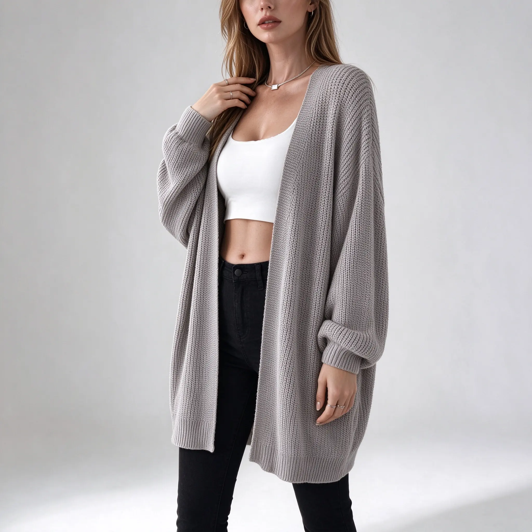 Relaxiva Drop Shoulder Open Front Ribbed Knit Duster Cardigan,Long Sleeve Tops Knitwear Womenswear