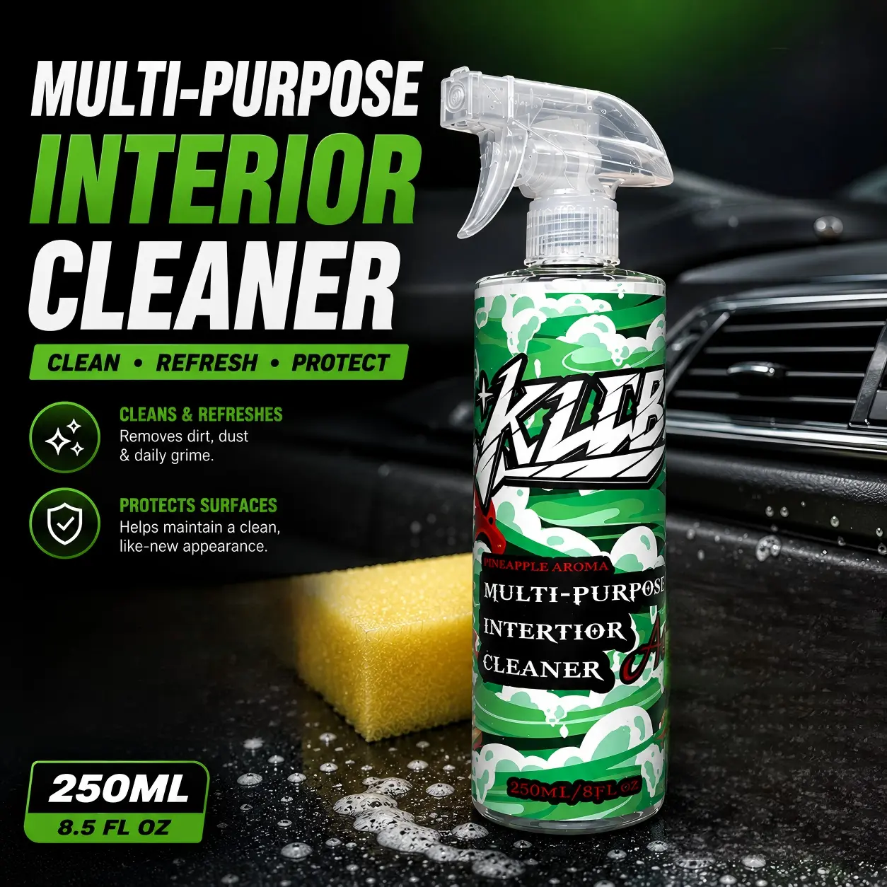 All-in-One Car Interior Cleaner Detailer, Multi-Purpose Auto Detailing Spray, Removes Dirt Grime & Stains, Anti-Static Dust Resistant Formula for Leather, Vinyl, Plastic, Dashboard & Car Surfaces