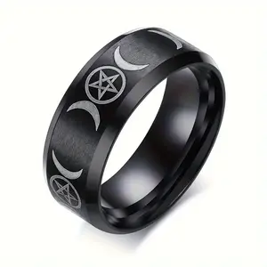 Stylish Stainless Steel Ring With A Classic Triple Goddess Pentagram Design, 8mm Wide, Perfect For Outdoor Activities And Hip-hop Style.