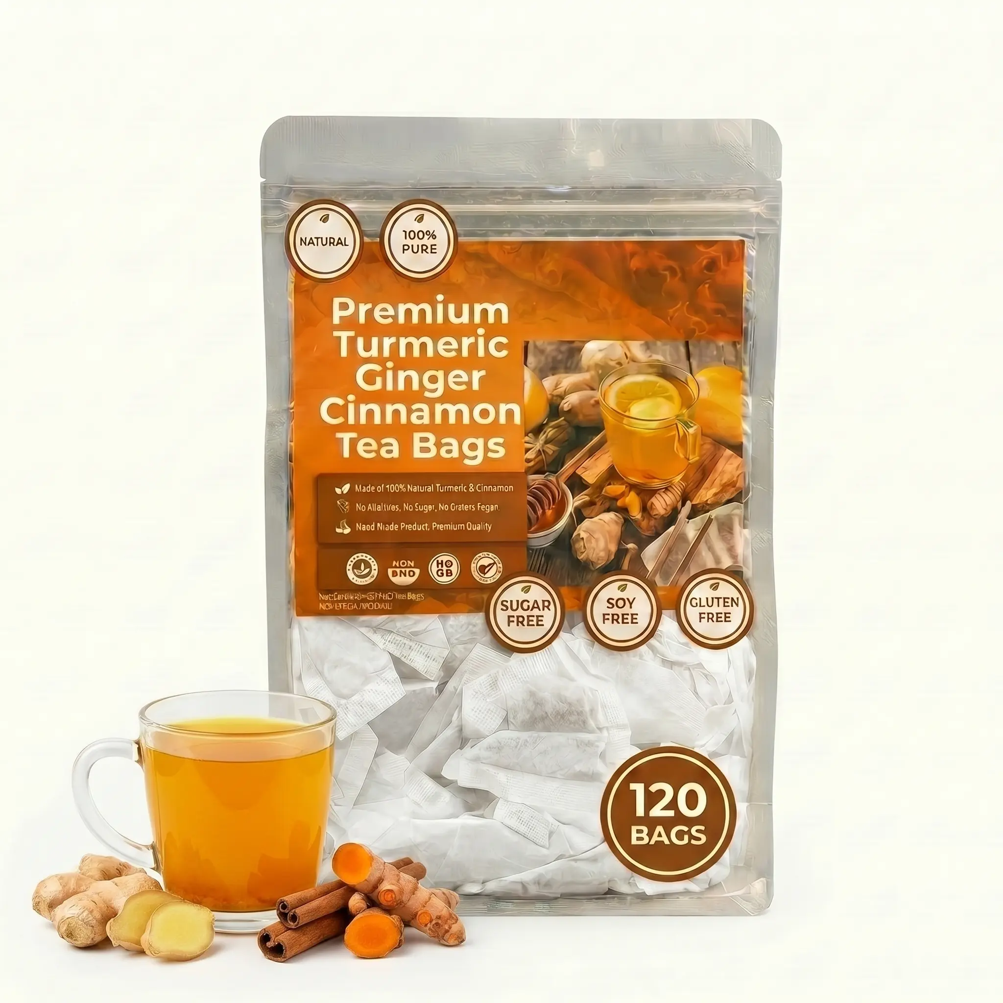 Turmeric Ginger Cinnamon Tea, 100% Natural, Anti-Inflammatea. Eco-conscious Tea Bags. Turmeric Ginger Herbal Tea. No Sugar, No Caffeine, No Gluten, Vegan. antiinflamma tea, looseleaf tea Beverage anti in flama tea ginger caffeine free