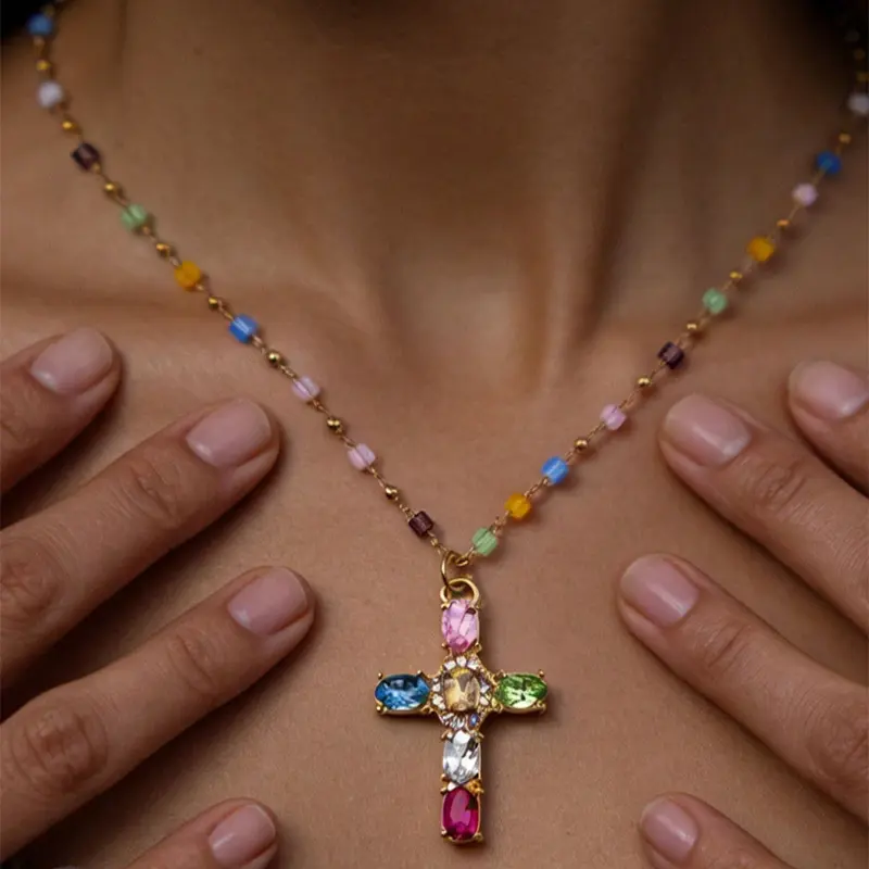 Women's Elegant Sparkly Zinc Alloy Cross Necklace - Casual INS Style Contrasting Niche Design Super Sparkly Clavicle Chain, 1 Pc Female Costume Jewelry, Party Gift, Daily Wear